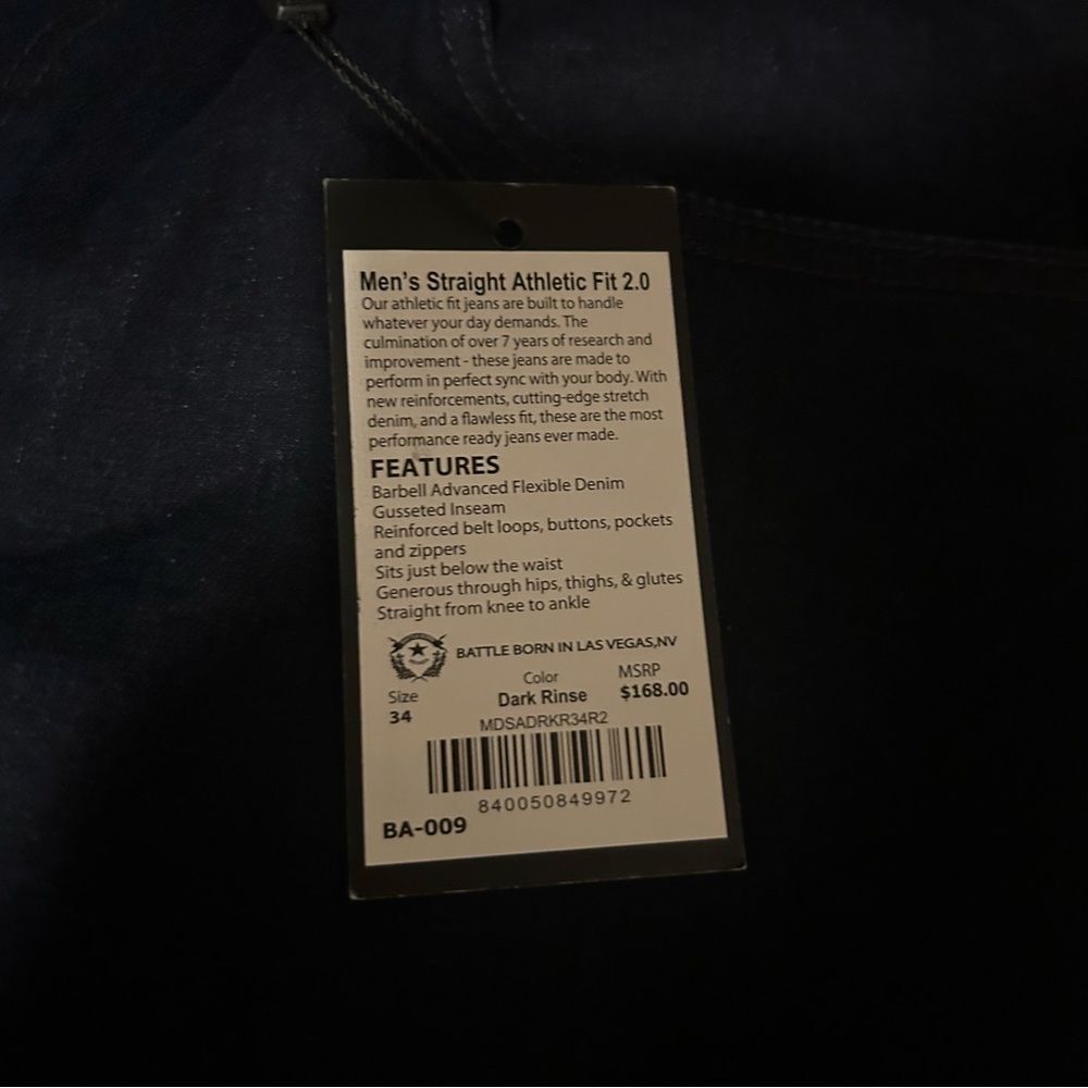 Men’s Barbell Apparel Straight Athletic Fit 2.0 Dark Rinse Size 34 x 32 - Picture 2 of 6